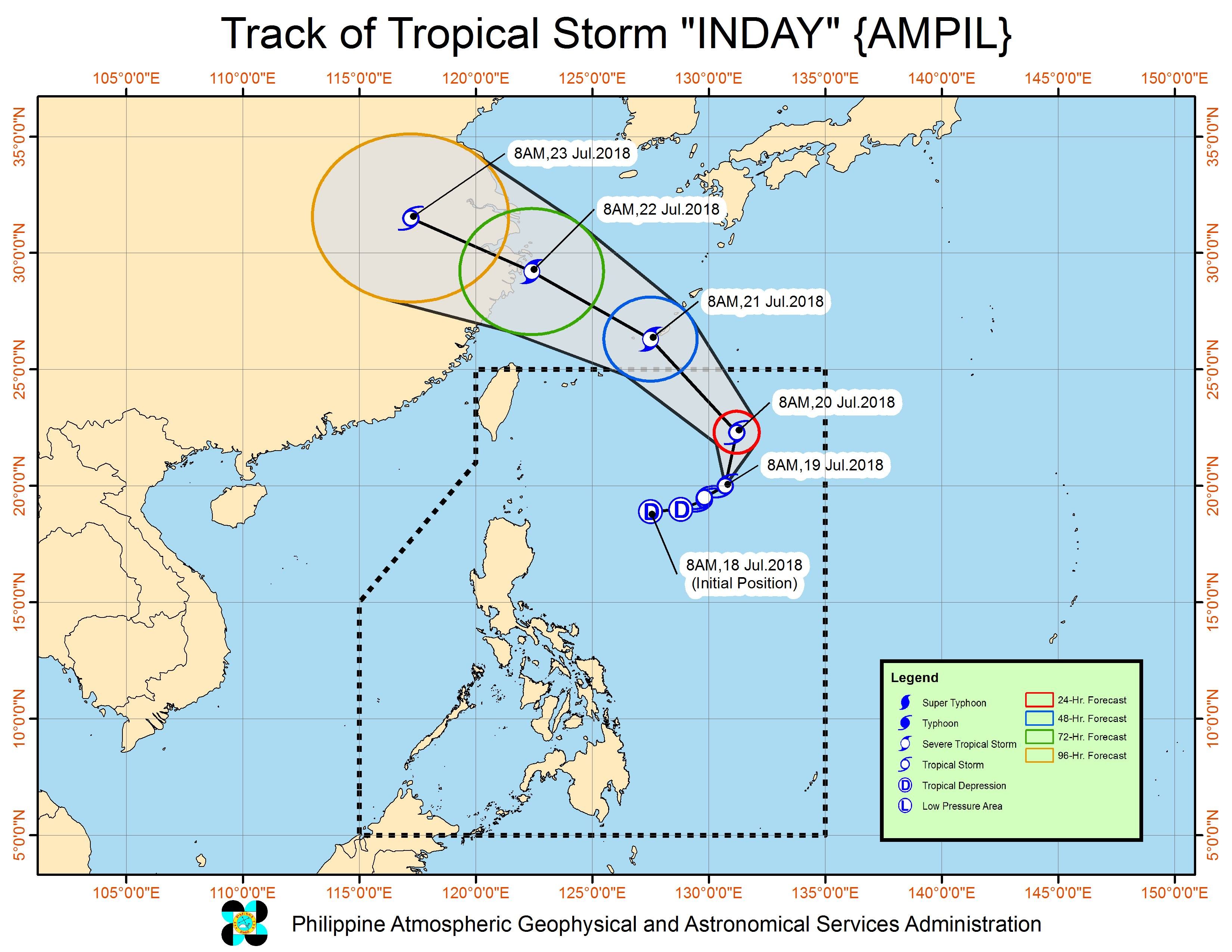 Forecast track of Tropical Storm Inday (Ampil) as of July 19, 2018, 11 am. Image courtesy of PAGASA 