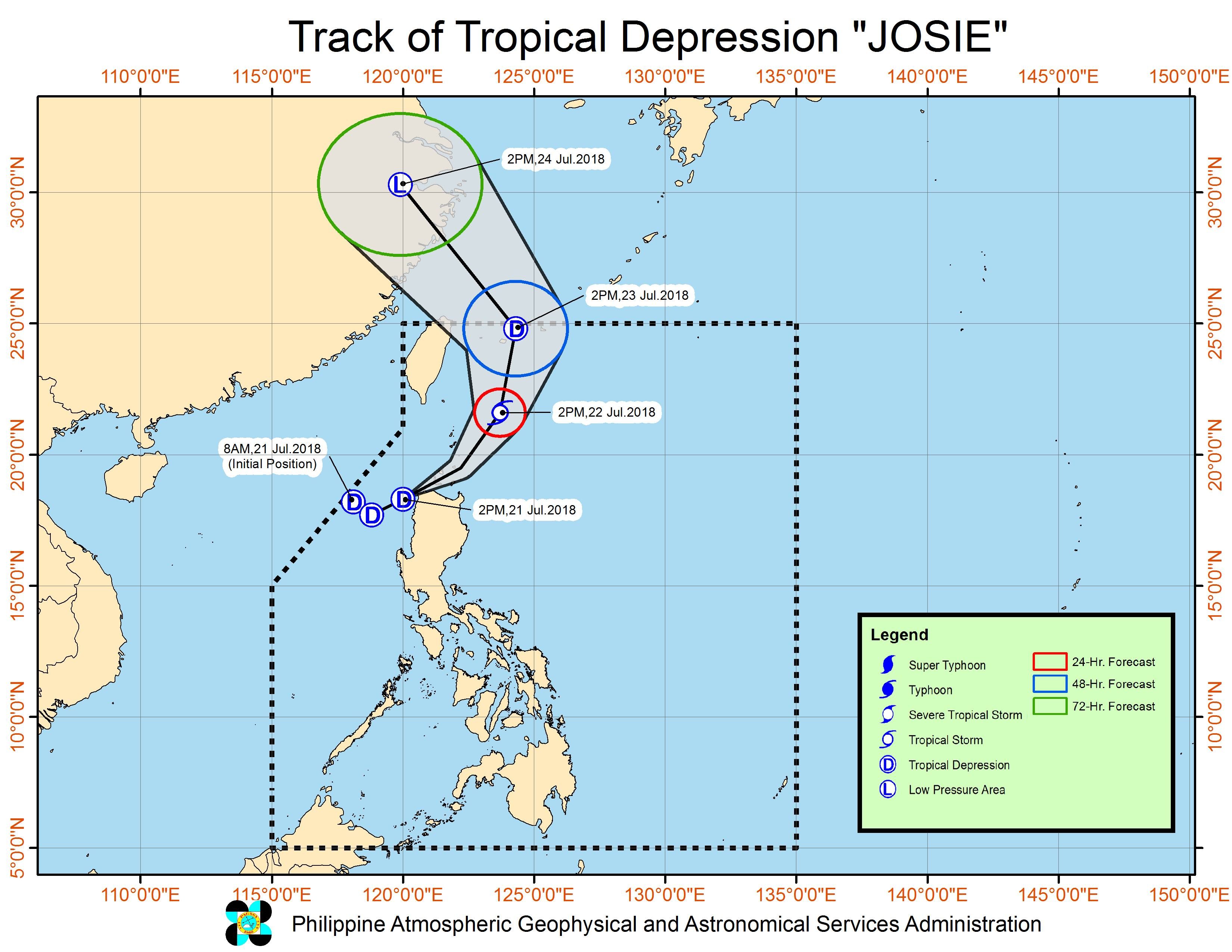 Forecast track of Tropical Depression Josie as of July 21, 2018, 5 pm. Image courtesy of PAGASA 
