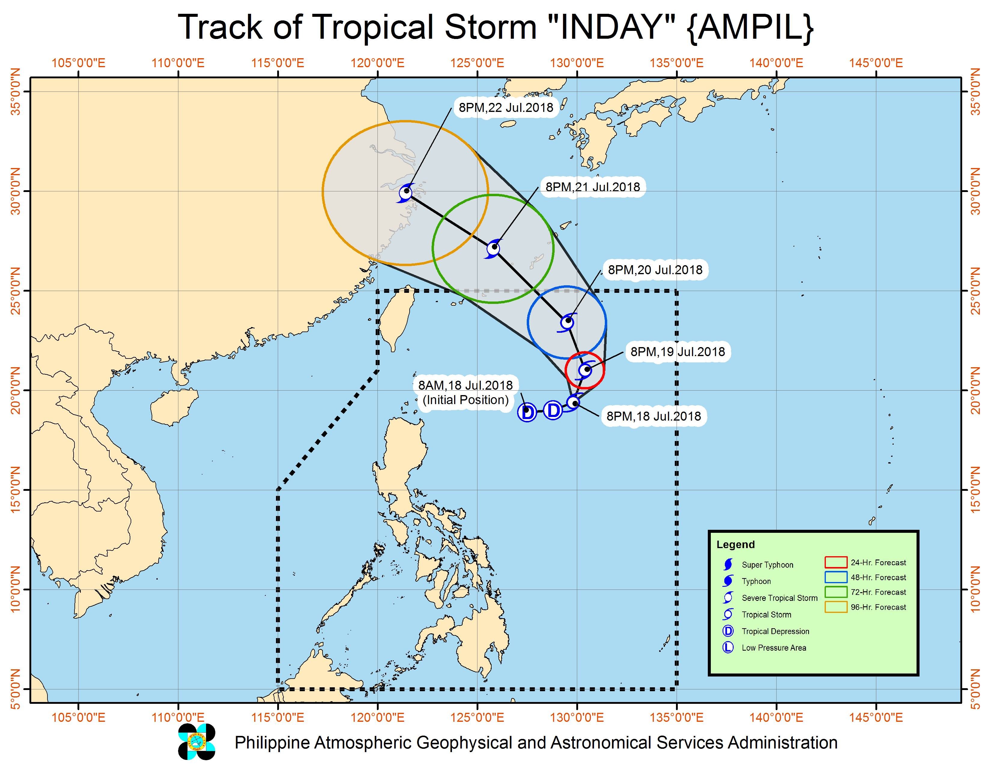 Forecast track of Tropical Storm Inday (Ampil) as of July 18, 2018, 11 pm. Image courtesy of PAGASA 