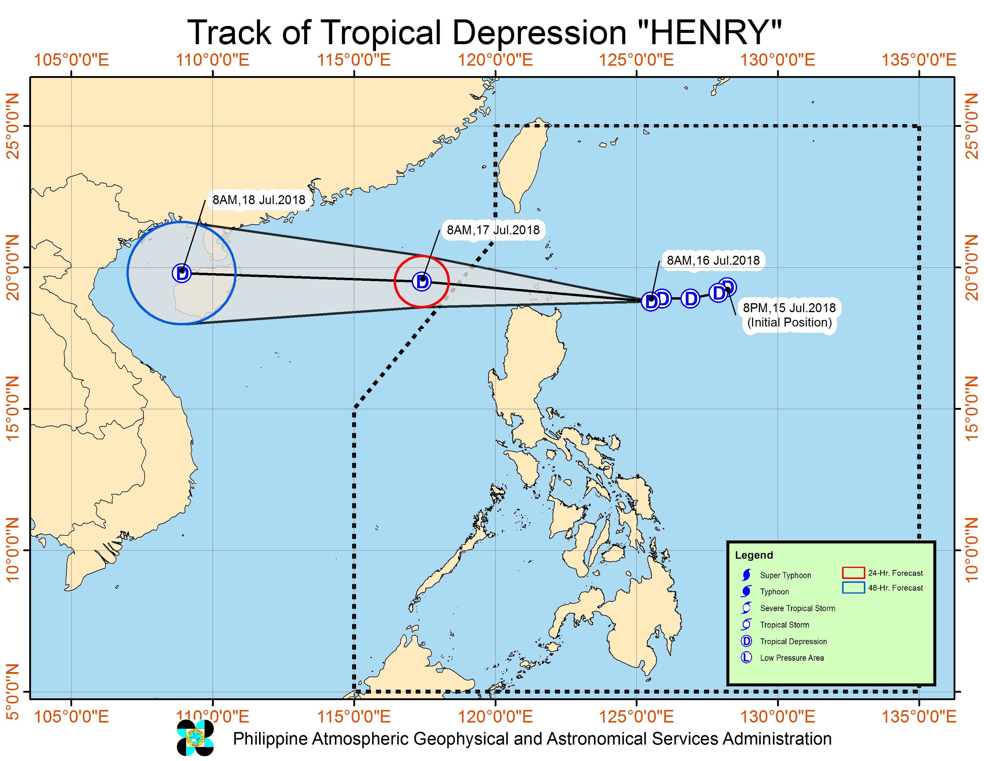 Forecast track of Tropical Depression Henry as of July 16, 2018, 11 am. Image courtesy of PAGASA 