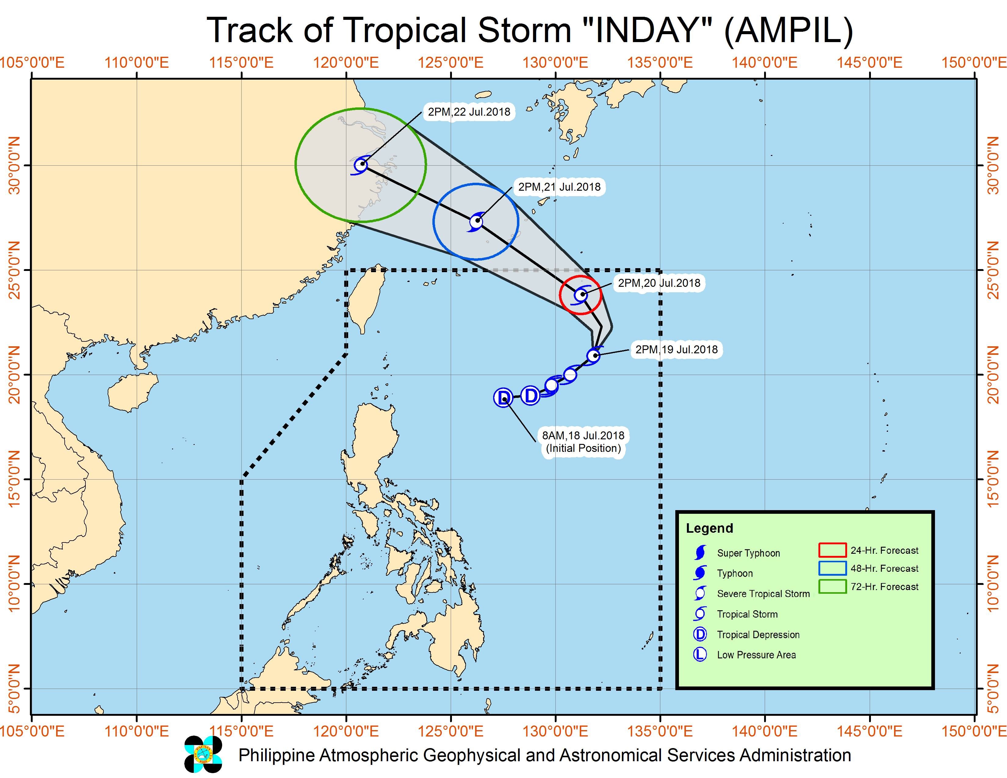 Forecast track of Tropical Storm Inday (Ampil) as of July 19, 2018, 5 pm. Image courtesy of PAGASA 