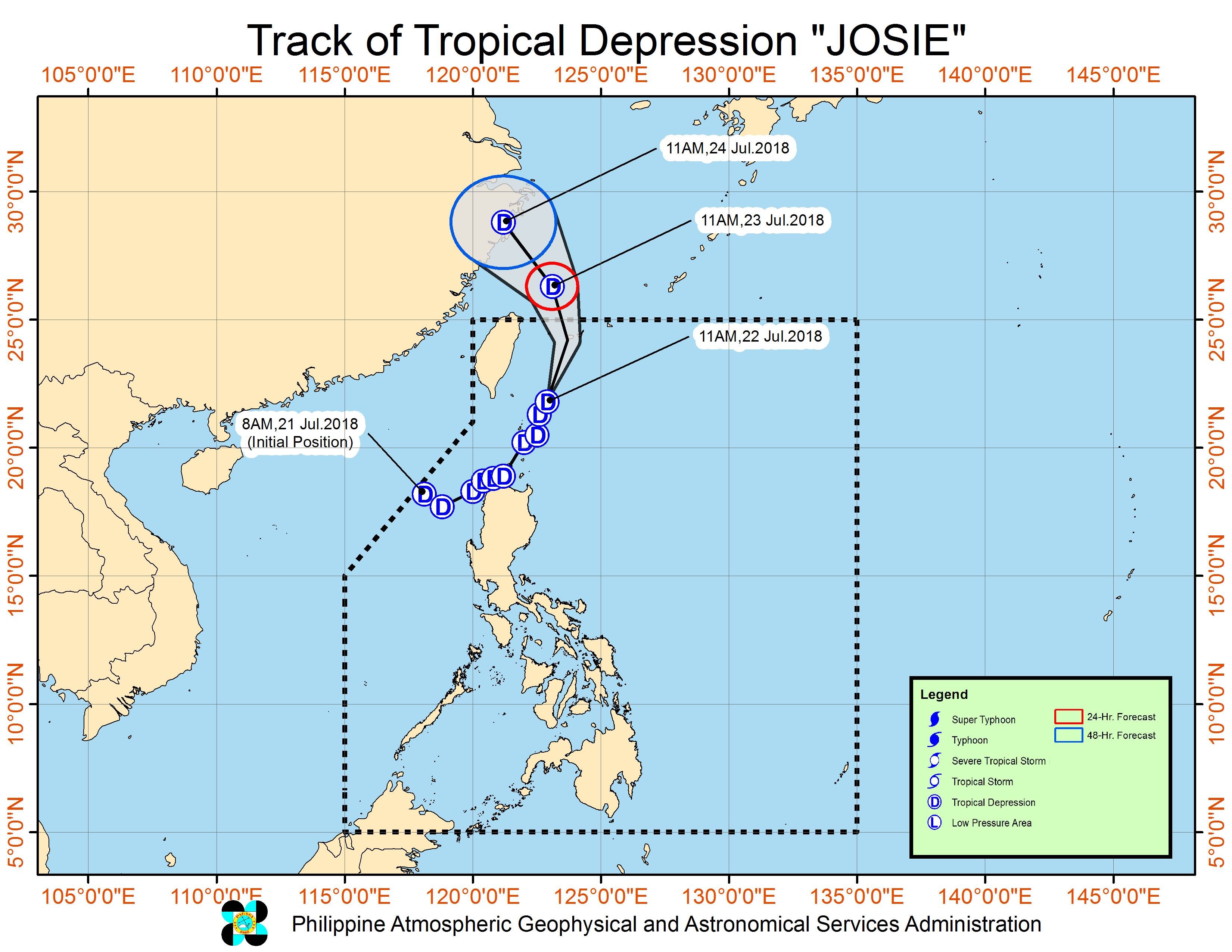 Forecast track of Tropical Depression Josie as of July 22, 2018, 2 pm. Image courtesy of PAGASA 