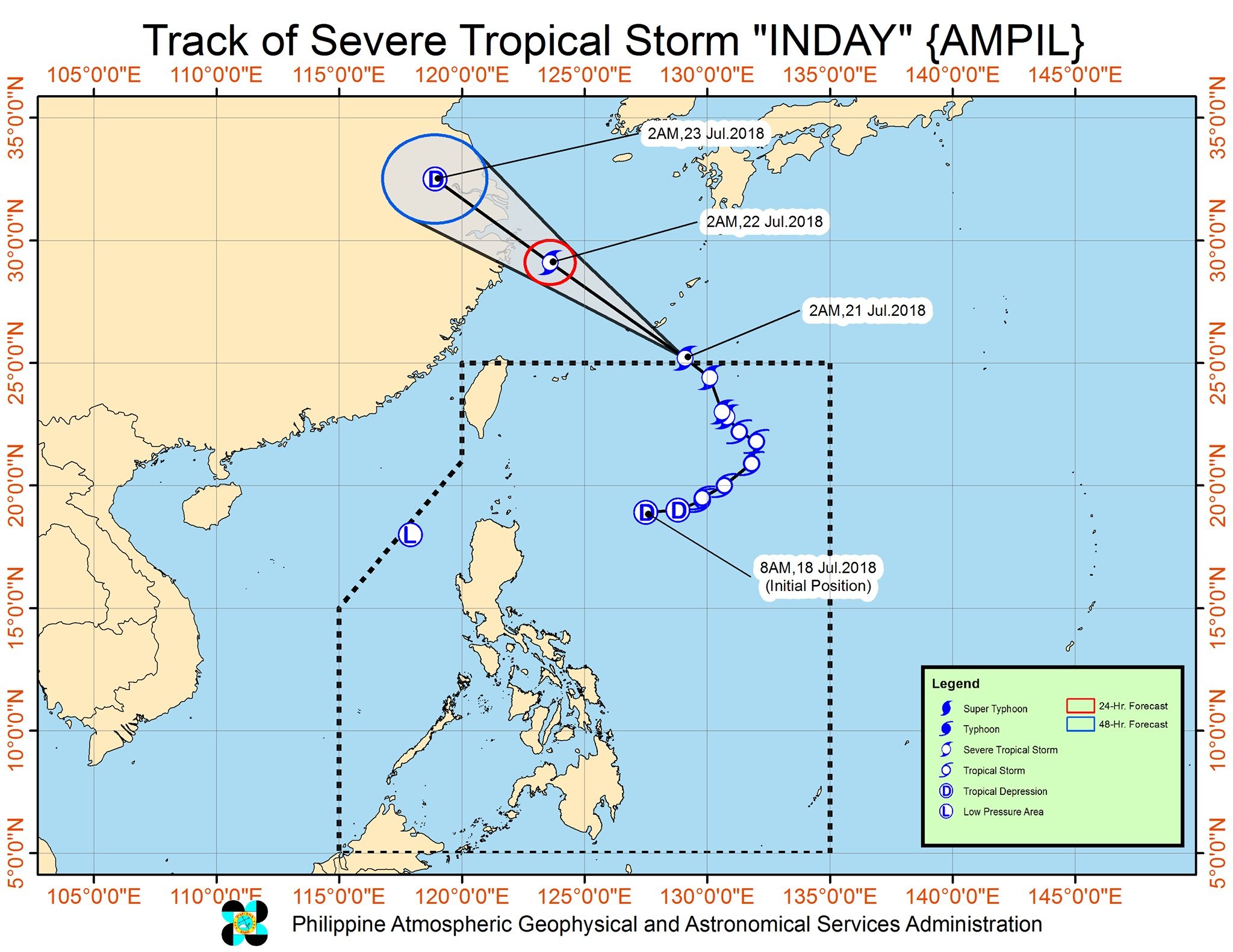 Forecast track of Severe Tropical Storm Inday (Ampil) as of July 21, 2018, 5 am. Image courtesy of PAGASA 