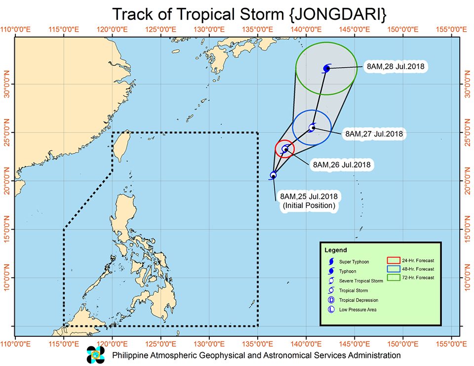 Forecast track of Tropical Storm Jongdari outside the Philippine Area of Responsibility as of July 25, 2018, 11 am. Image courtesy of PAGASA 