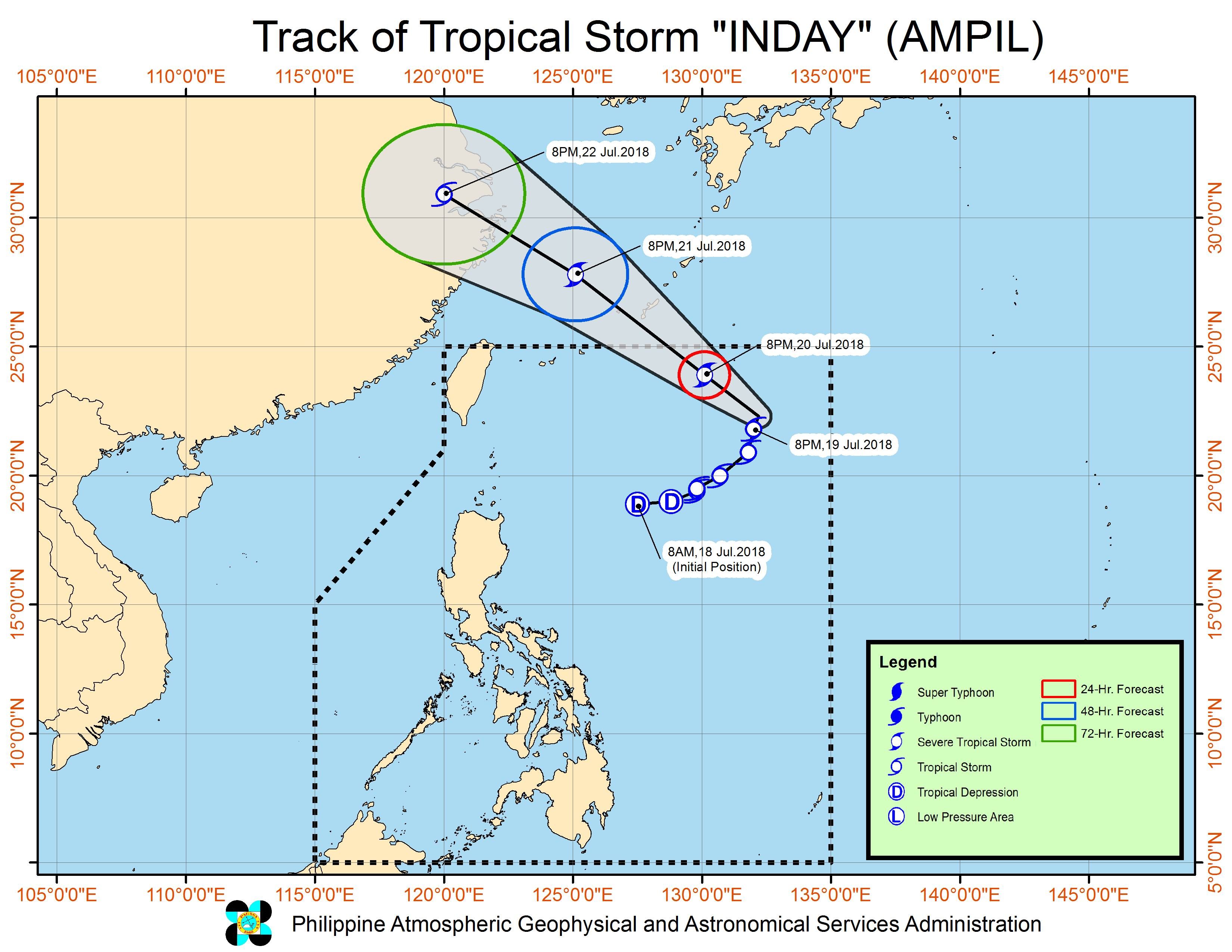 Forecast track of Tropical Storm Inday (Ampil) as of July 19, 2018, 11 pm. Image courtesy of PAGASA 