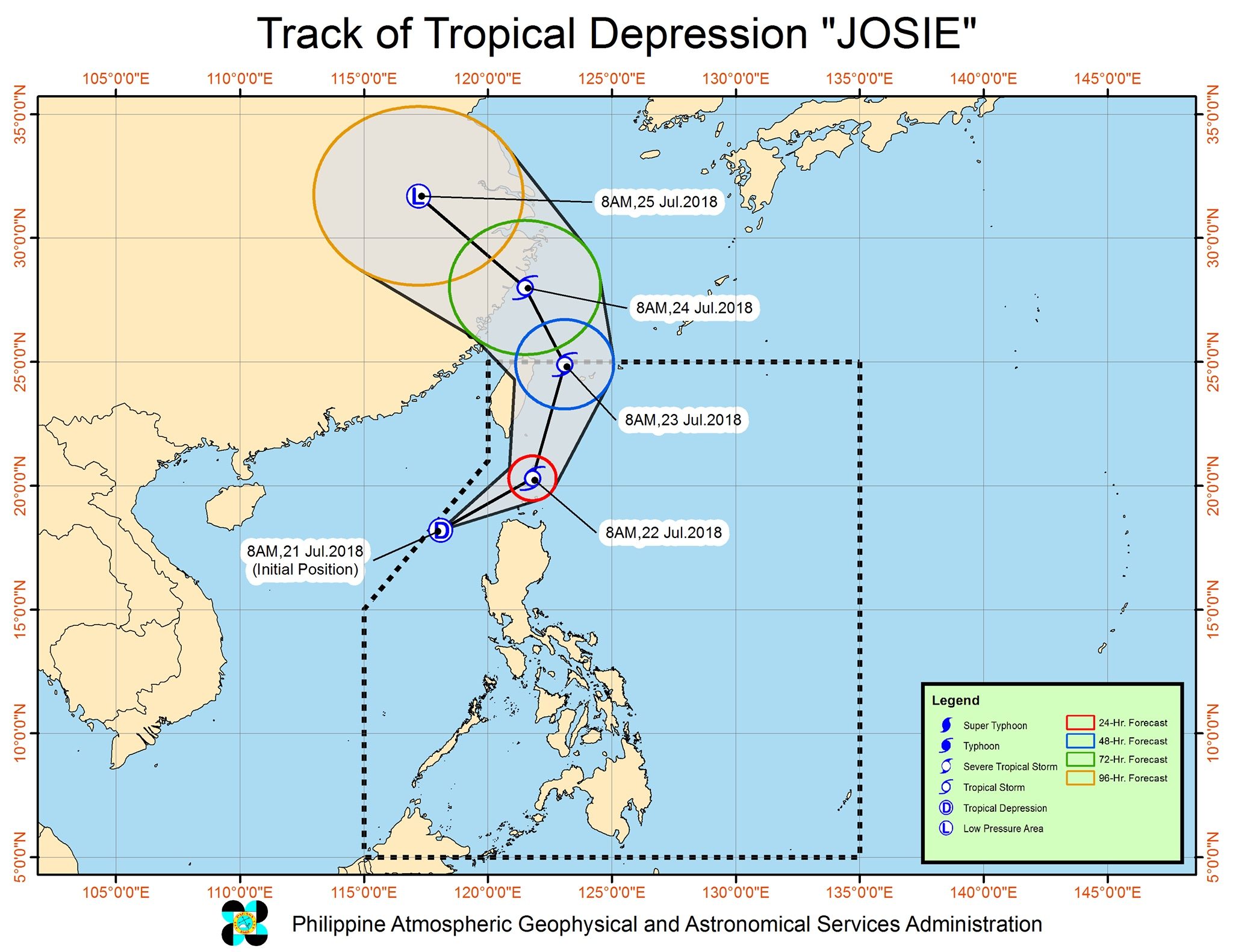 Forecast track of Tropical Depression Josie as of July 21, 2018, 11 am. Image courtesy of PAGASA 