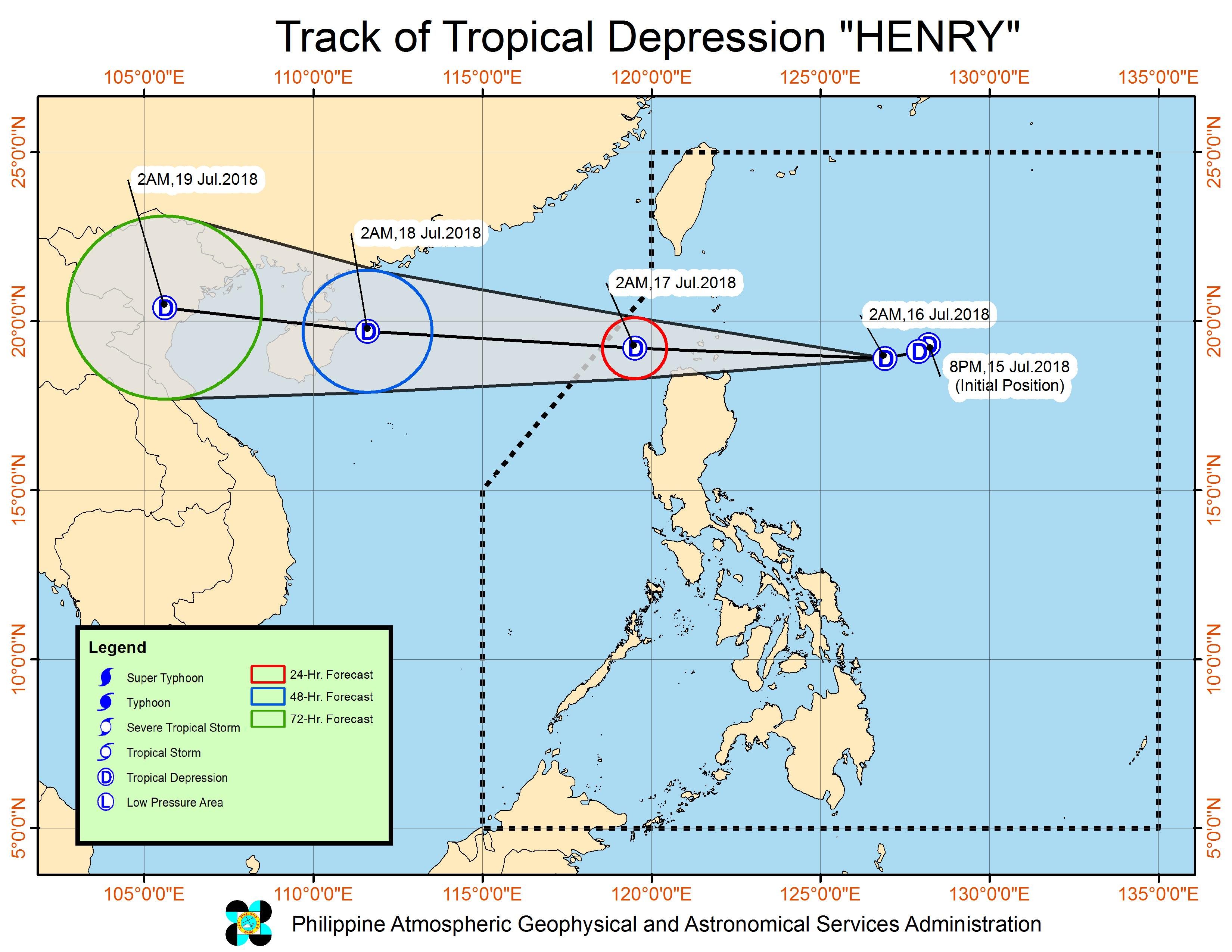 Forecast track of Tropical Depression Henry as of July 16, 2018, 5 am. Image courtesy of PAGASA 