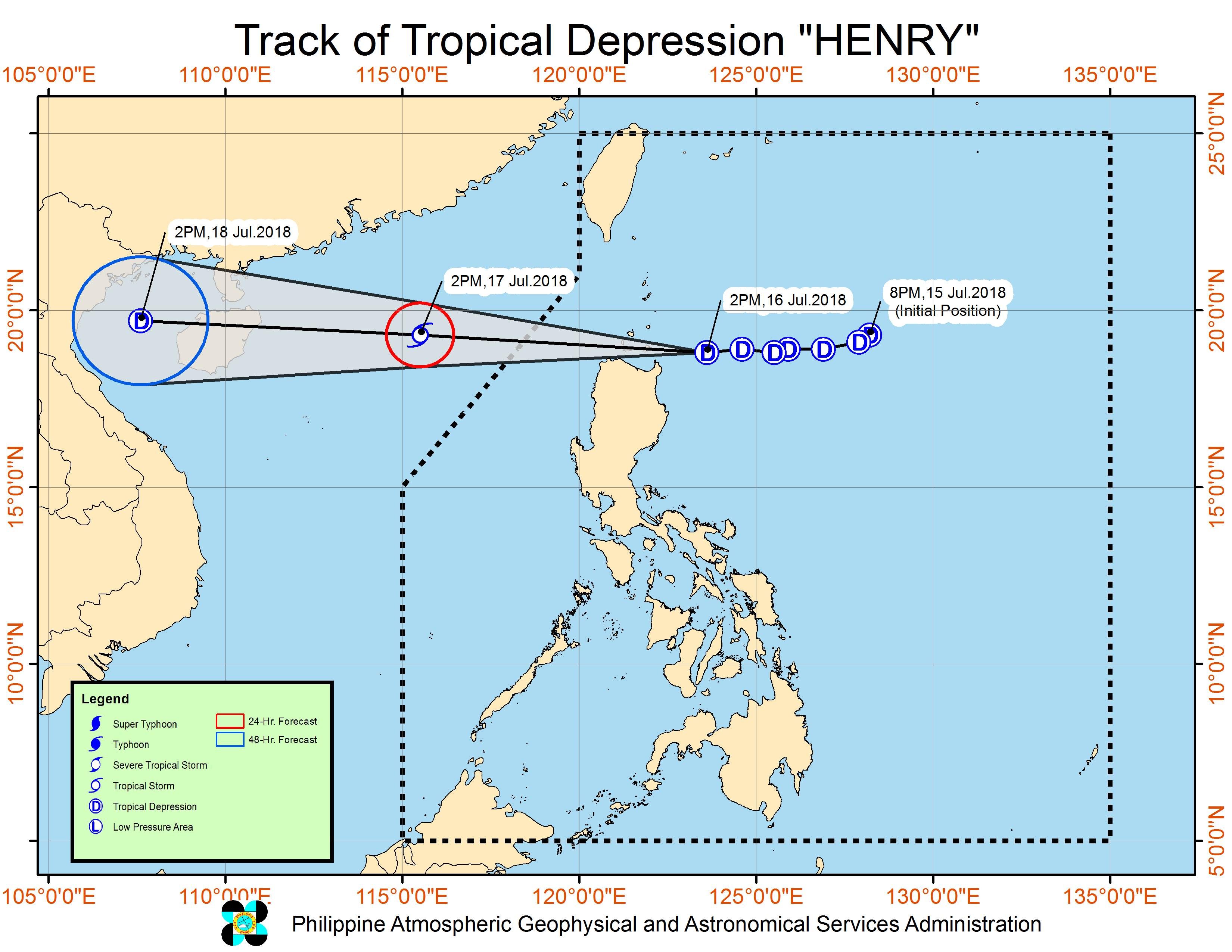 Forecast track of Tropical Depression Henry as of July 16, 2018, 5 pm. Image courtesy of PAGASA 