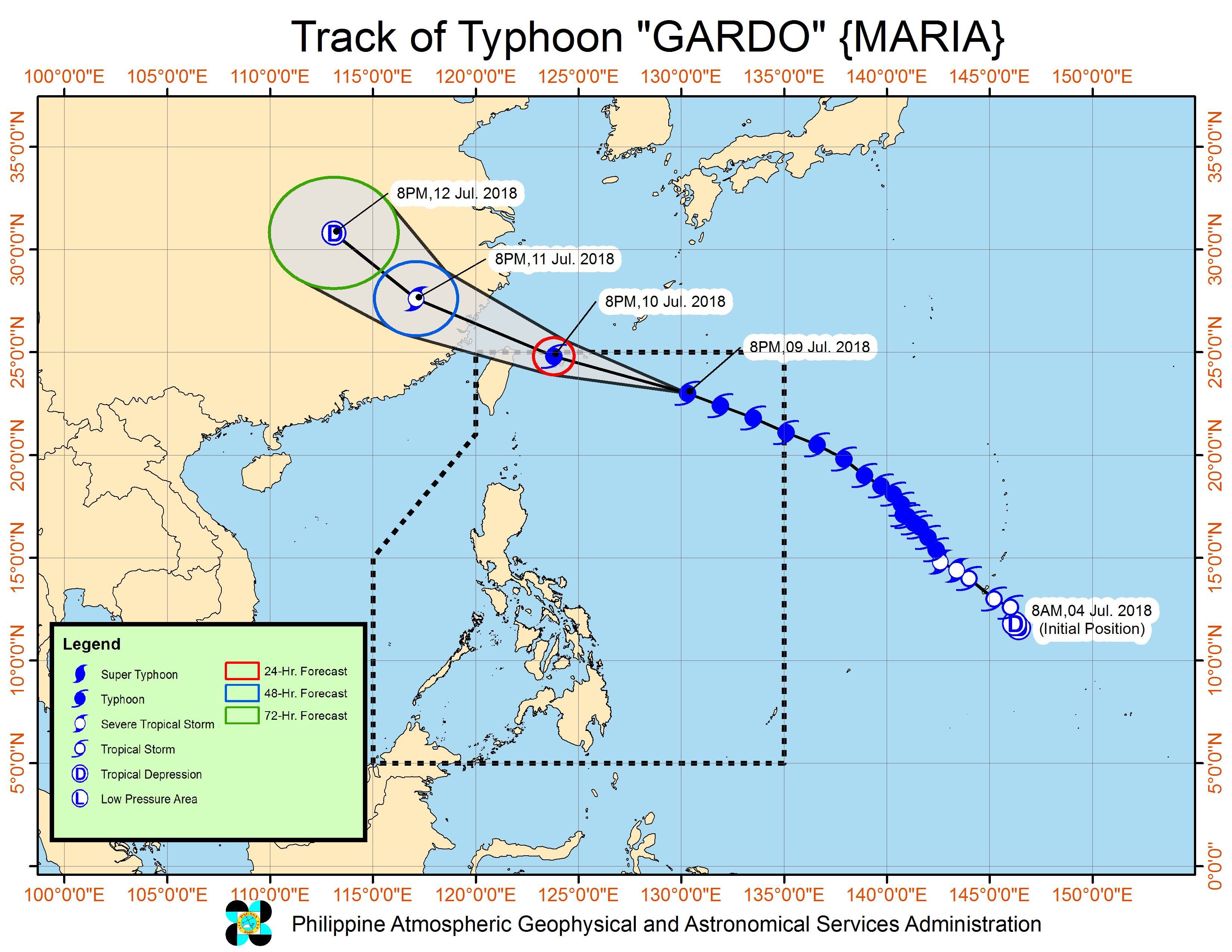 Forecast track of Typhoon Gardo (Maria) as of July 9, 2018, 11 pm. Image courtesy of PAGASA 