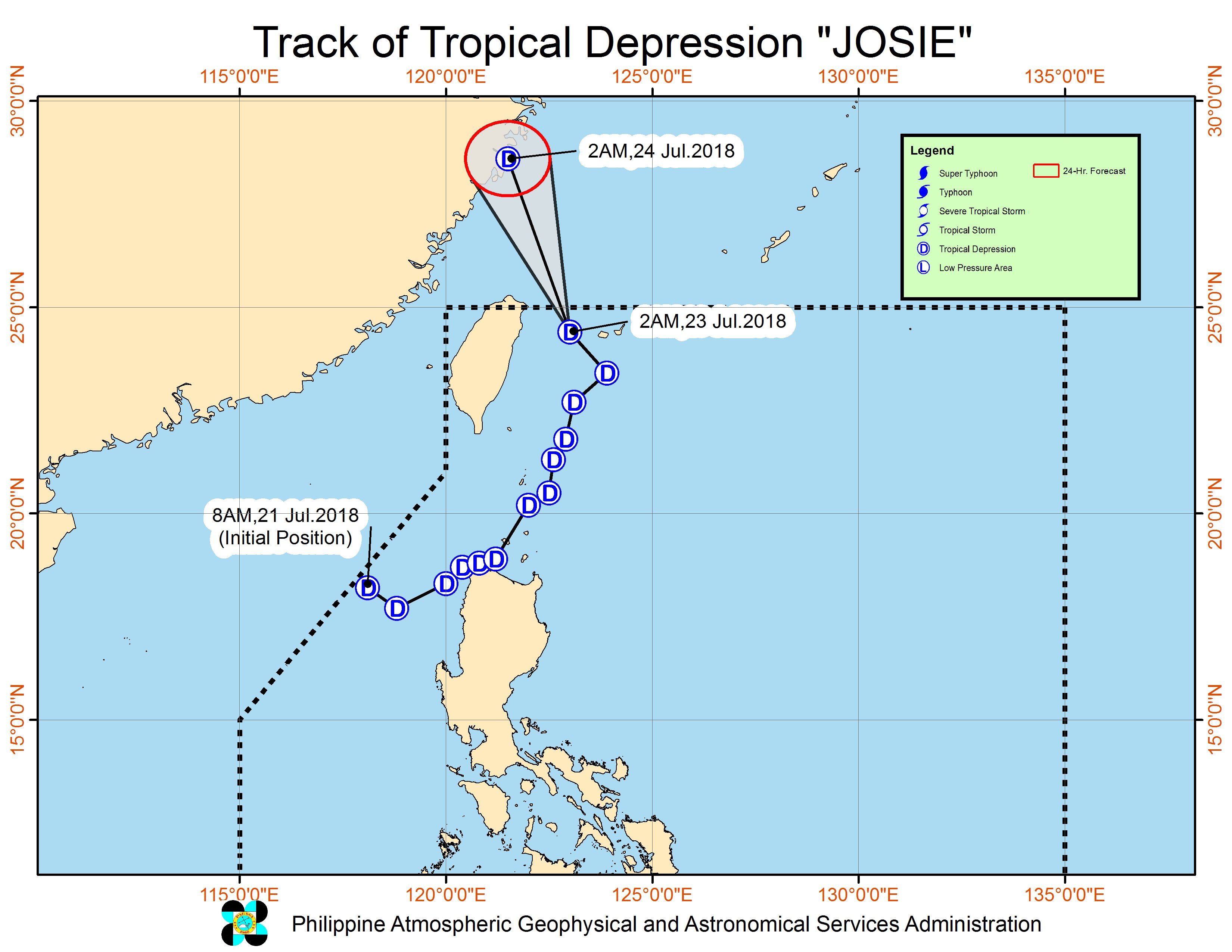 Forecast track of Tropical Depression Josie as of July 23, 2018, 5 am. Image courtesy of PAGASA 