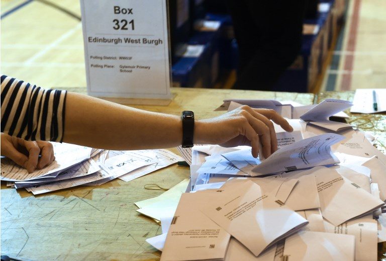 VOTE COUNTING. The count gets under way at the Meadowbank Sports Centre counting center in Edinburgh, Scotland, on June 8, 2017, after the polls closed in the British general election. Lesley Martin/AFP 