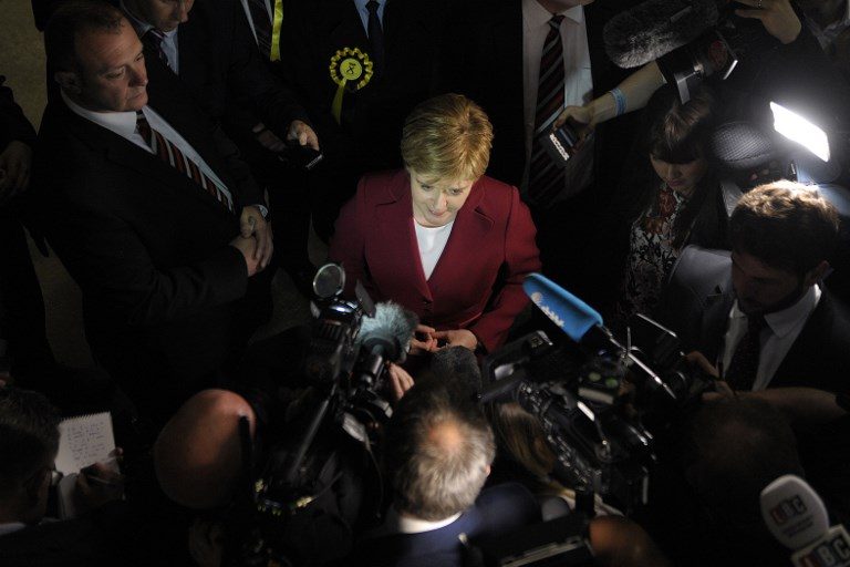 SNP LOSSES. Nicola Sturgeon, First Minister of Scotland and leader of the Scottish National Party (SNP) is interviewed as she arrives at the main Glasgow counting centre in Glasgow, Scotland, on June 9, 2017, hours after the polls closed in Britain's general election. Andy Buchanan/AFP 