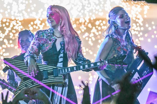 ROCK STARS. Jem and the Holograms perform together as one. Photo courtesy of Columbia Pictures    