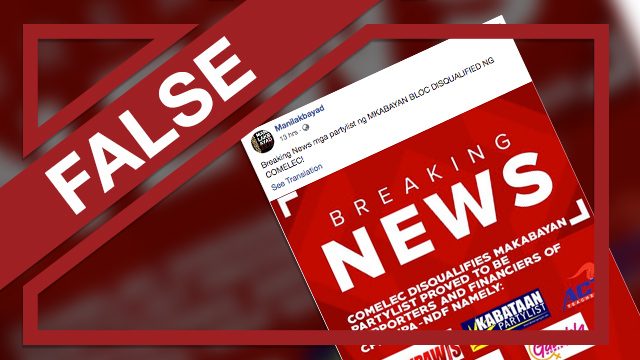 FALSE: Comelec disqualifies 5 progressive party-list groups before election day