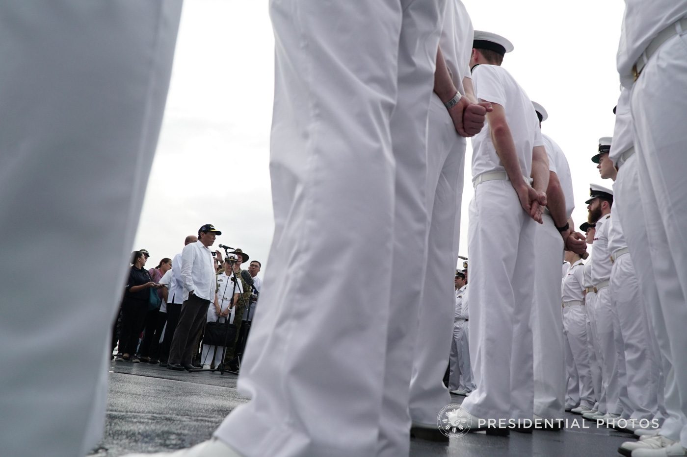 ON DECK. President Rodrigo Duterte gives a message to the personnel of Her Majesty's Australian Ship (HMAS) Adelaide during his tour aboard the Australian Navy's largest vessel on October 10, 2017. Malacañang photo 