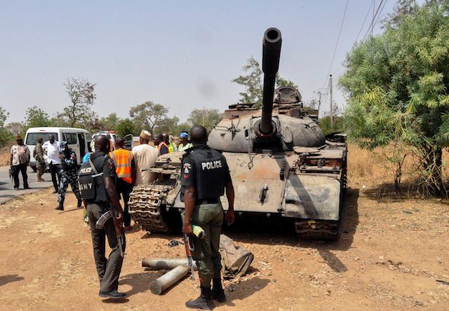 CAPTURED. A photograph made available 04 March 2015 shows a tank used by Boko Haram Islamic militants captured by Nigerian troops at Uba, North East Nigeria, 01 March 2015. Henry Ikechukwu/EPA 