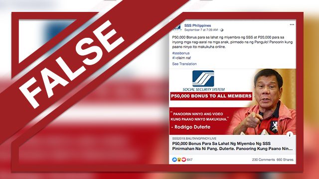 FALSE: Duterte ‘signs a law granting SSS members P50,000 bonuses’