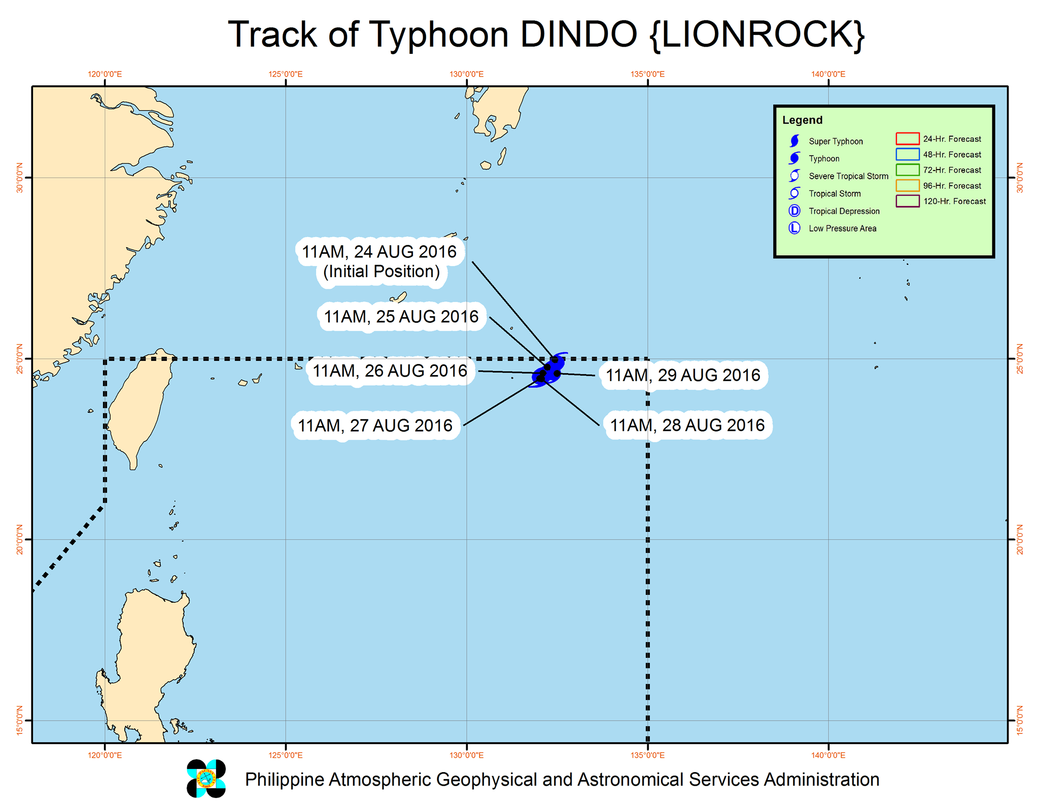 Forecast track of Typhoon Dindo as of August 24, 1 pm. Image courtesy of PAGASA 