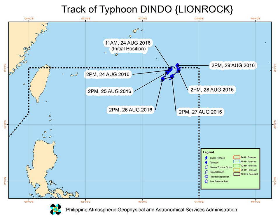 Forecast track of Typhoon Dindo as of August 24, 5 pm. Image courtesy of PAGASA 