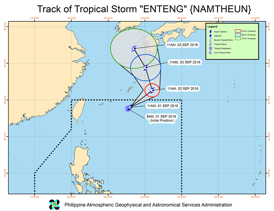 Forecast track of Tropical Storm Enteng as of September 1, 11:15 am. Image courtesy of PAGASA 