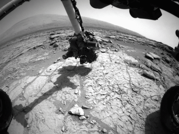 An animated set of three images from NASA's Curiosity rover shows the rover's drill in action on Feb. 8, 2013, or Sol 182, Curiosity's 182nd Martian day of operations. Image credit: NASA/JPL-Caltech/MSSS