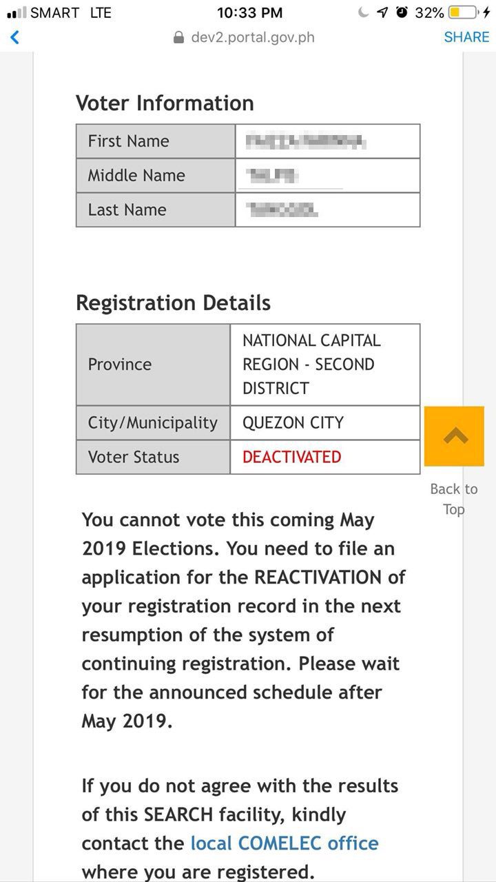ERROR. A voter shows a photo of the Comelec's precinct finder listing her as 'deactivated' despite participating in the 2016 elections. Sourced photo 