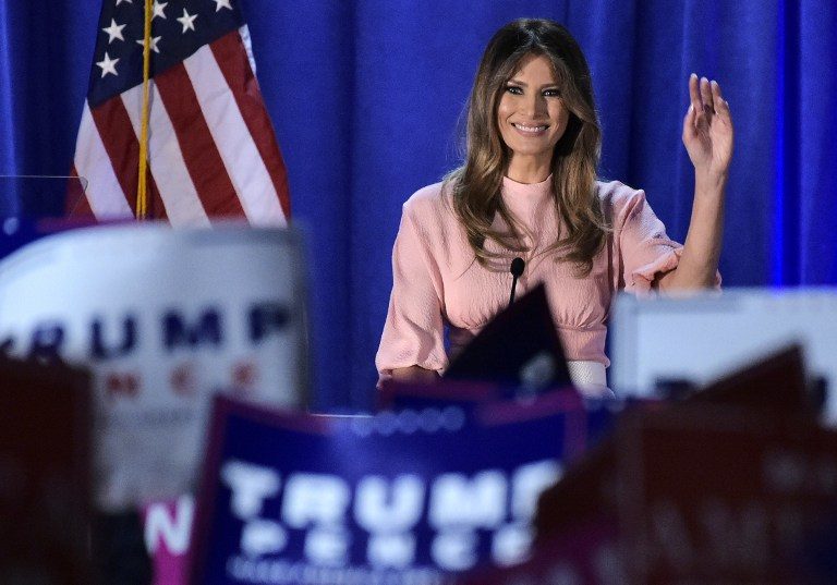 Melania Trump waves as she makes her way off the stage after a rally for her husband on November 3, 2016 at the Main Line Sports Center in Berwyn, Pennsylvania. Mandel Ngan/AFP 
