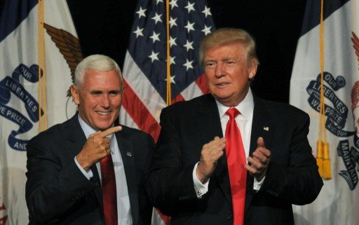 PLANE SCARE. In this file photo, Republican Presidential Candidate Donald Trump and Vice Presidential candidate, Indiana Governor Mike Pence greet supporters at a rally at the Iowa Events Center in Des Moines, Iowa on Friday August, 5, 2016. File photo by Steve Pope/Getty Images/AFP   