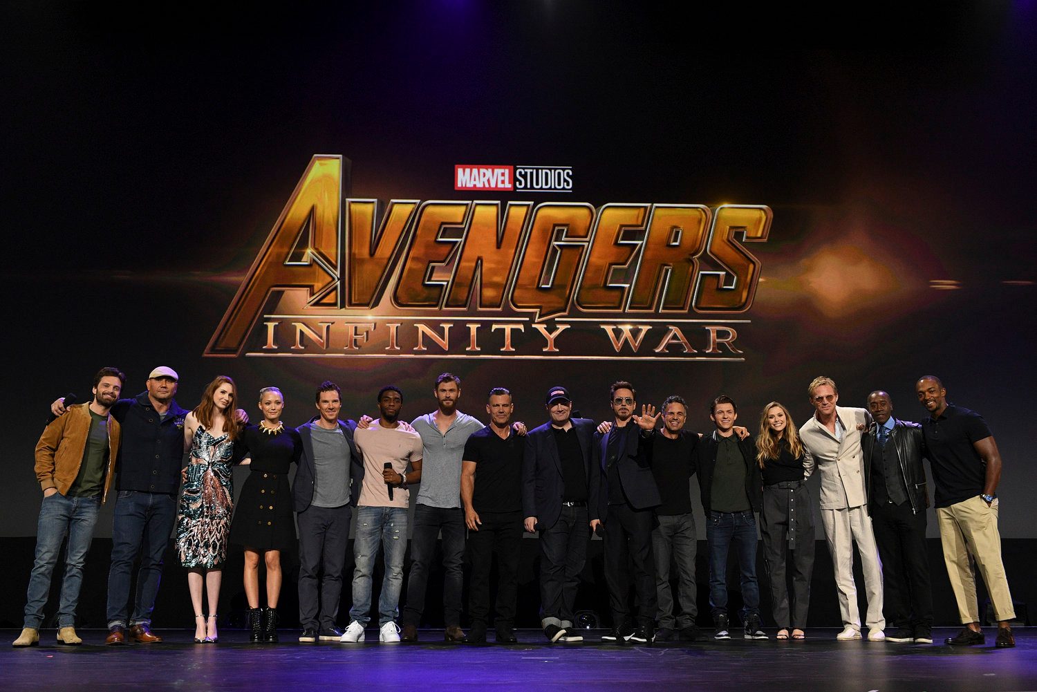 'INFINITY WAR.' The stars of 'Avengers: Infinity War' come together at D23 EXPO 2017. From left to right: Sebastian Stan, Dave Bautista, Karen Gillan, Pom Klementieff, Benedict Cumberbatch, Chadwick Boseman, Chris Hemsworth, Josh Brolin, Marvel Studios President Kevin Feige, Robert Downey Jr, Mark Ruffalo, Tom Holland, Elizabeth Olsen, Paul Bettany, Don Cheadle, and Anthony Mackie. Photo by Disney/Image Group LA 