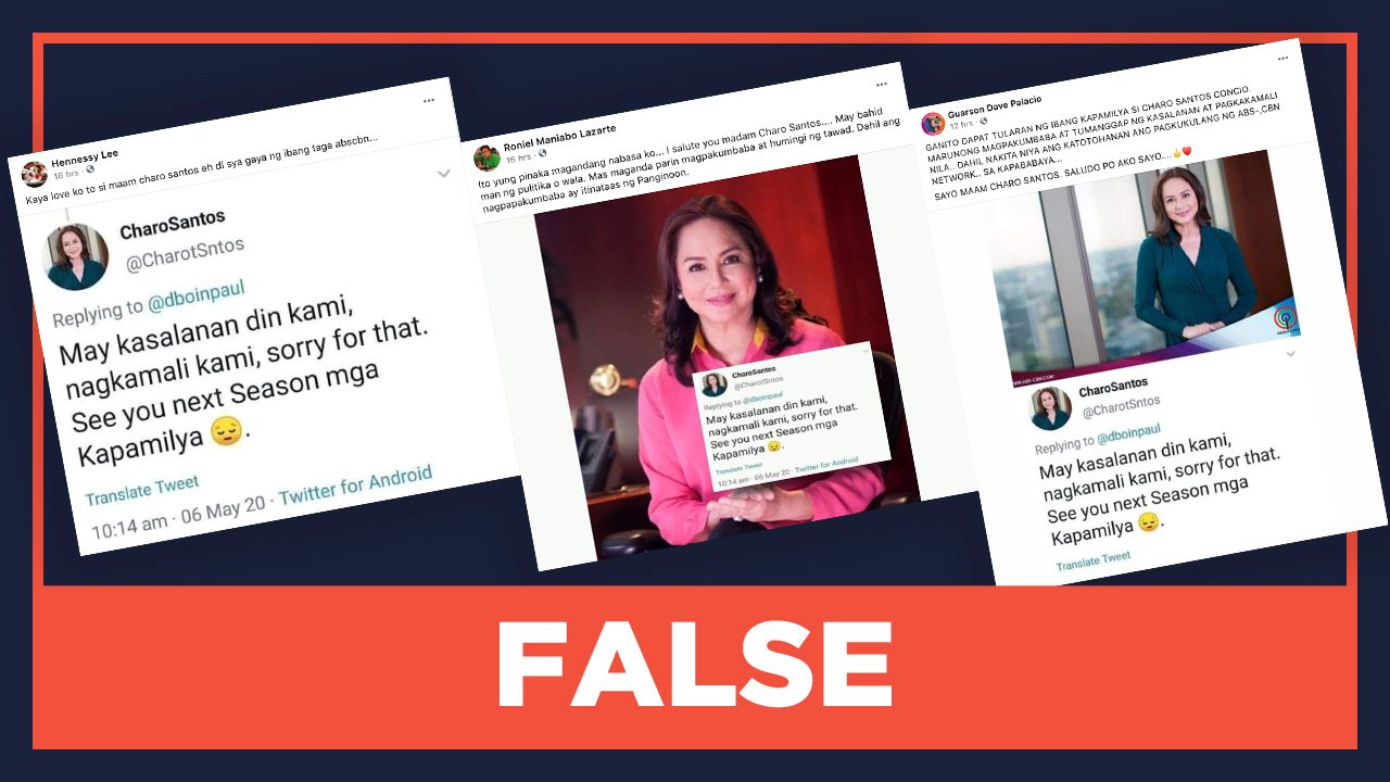 FALSE: Charo Santos 'apology' tweet