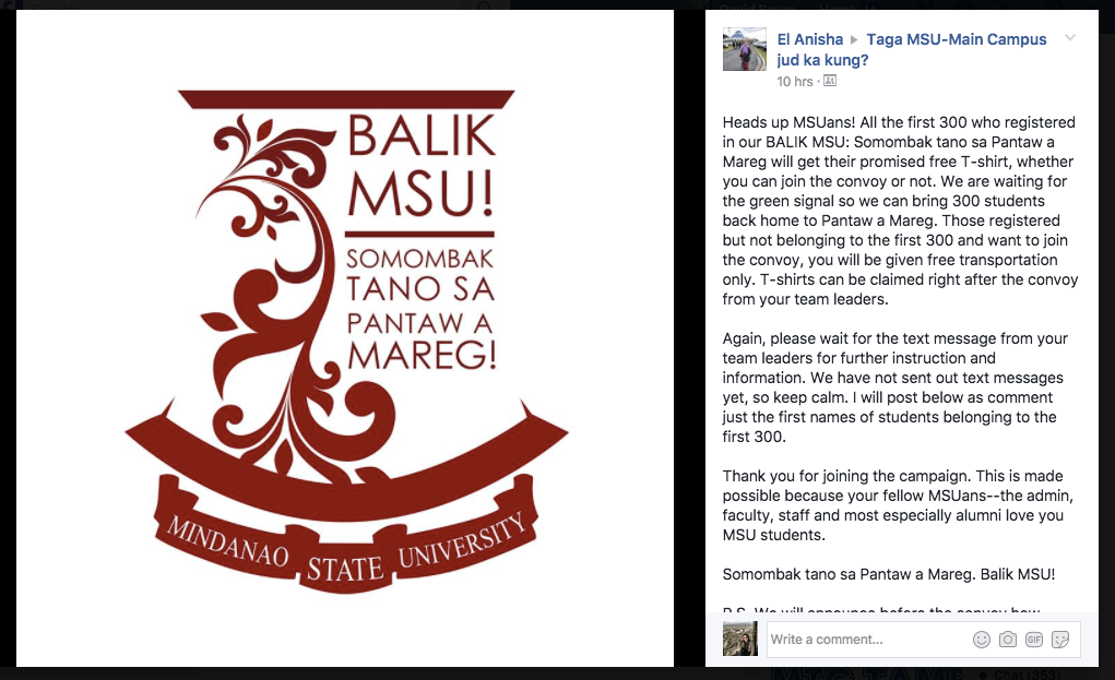 MARAWI IS HOME. A screenshot of the post informing the selected 300 students to be ferried home to Marawi City.   