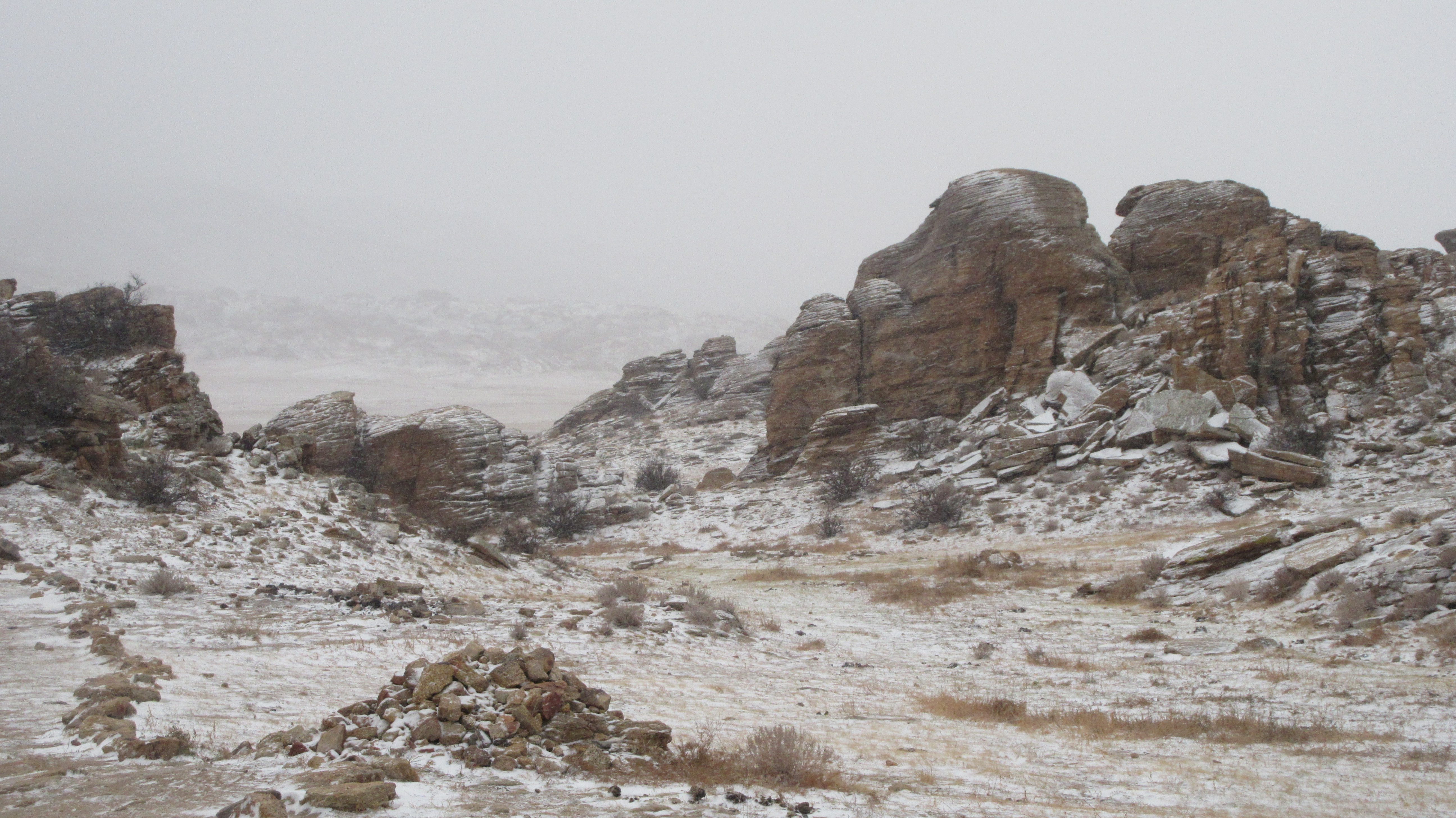 ALL WHITE. The snow obscured the Rock Formation and the surrounding landscape during the first few days of my trip to the Gobi 