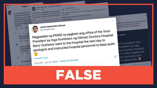 FALSE: OVP sent spoiled food to frontliners at Diliman Doctors Hospital