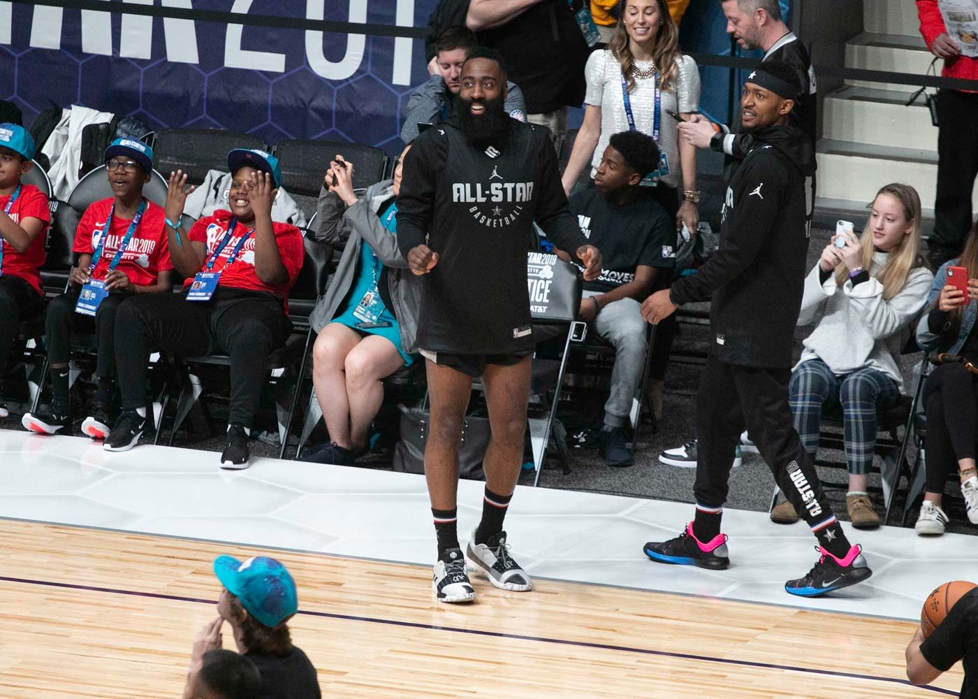 SHORTIE. Reigning MVP James Harden of the Houston Rockets gets asked about his short-shorts, but he just gives a funny shrug and walks away as the crowd laughs.  
