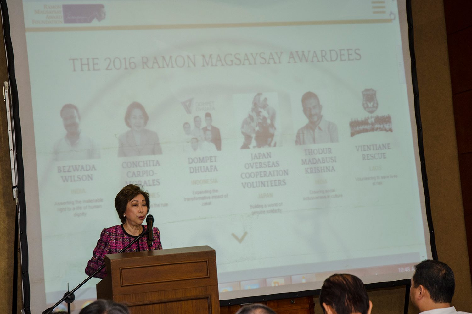 HONOREES. RMAF president Carmencita Abella announces the 2016 Ramon Magsaysay Awardees, July 27, 2016. Photo by Rob Reyes/Rappler 