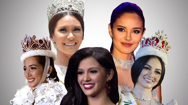 PH QUEENS. The years 2013-2016 saw Megan Young, Bea Santiago, Kylie Verzosa, Jamie Herrell, and Angelia Ong win titles for the Philippines. File photos by Rob Reyes/Alecs Ongcal/Screenshots from YouTube/Miss International/Rappler 