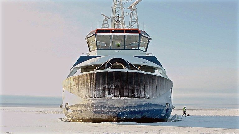 ICEBREAKER. 'Ahto' stops in the middle of an ice field off the coast of Tornio, Finland to test how an oil spill would flow under the Arctic ice, February 5, 2016. Photo by Sam Kingsley/AFP  
