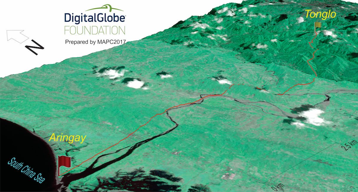 ANCIENT PATHWAY. A 3D rendering of the Tonglo to Aringay minimized cost trail over WorldView2 satellite scene mining combination, courtesy of the Digital Globe Foundation. Image courtesy Michael Canilao 