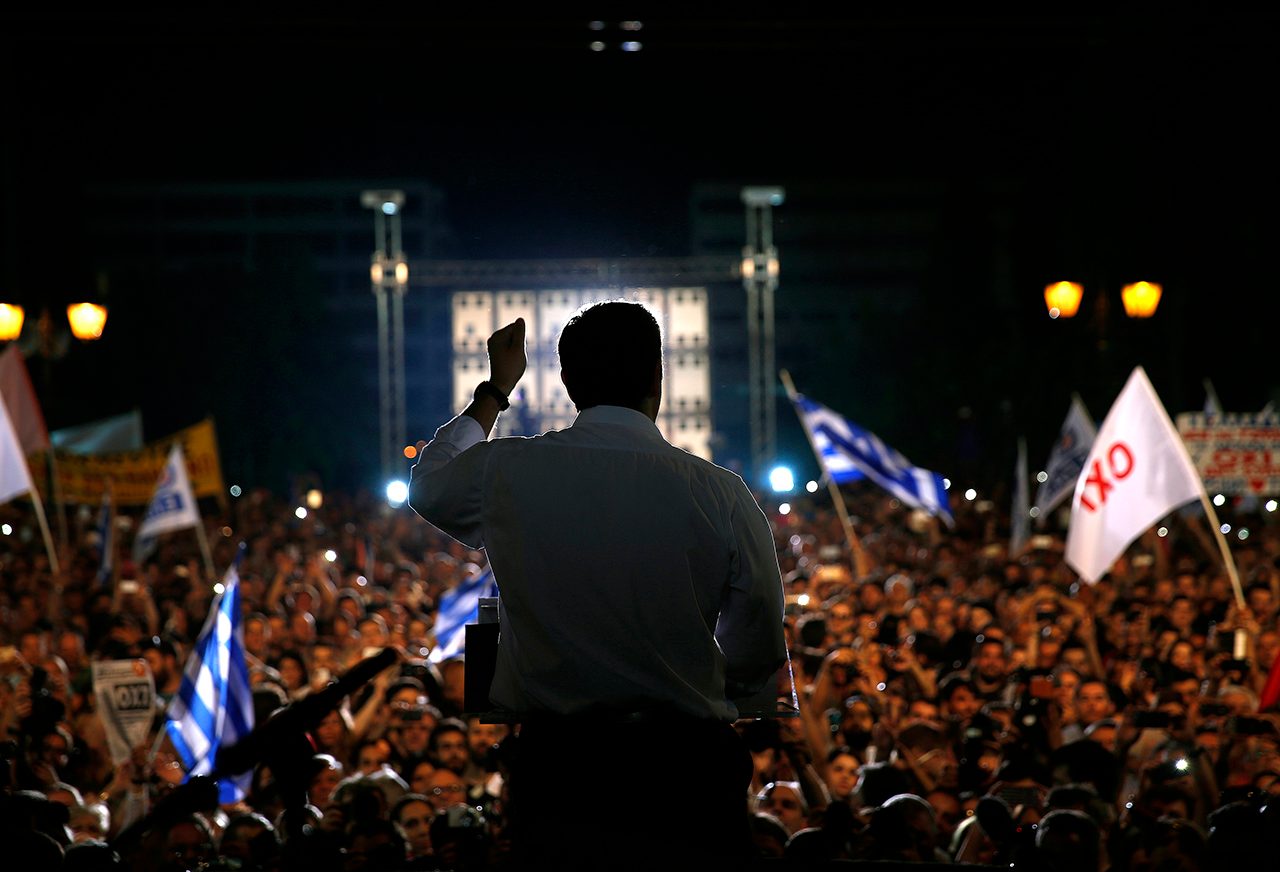 YES OR NO? Greek Prime Minister Alexis Tsipras addresses supporters of a 'NO' voting in the Prime Minister's referendum on bailout terms to be held on July 5, at Syntagma Square in Athens, Greece, July 3, 2015. Photo by Yannis Behrakis/POOL/EPA 