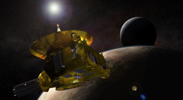 FLYBY. Artist’s concept of the New Horizons spacecraft as it approaches Pluto and its largest moon, Charon. Image courtesy Johns Hopkins University Applied Physics Laboratory/Southwest Research Institute (JHUAPL/SwRI) 