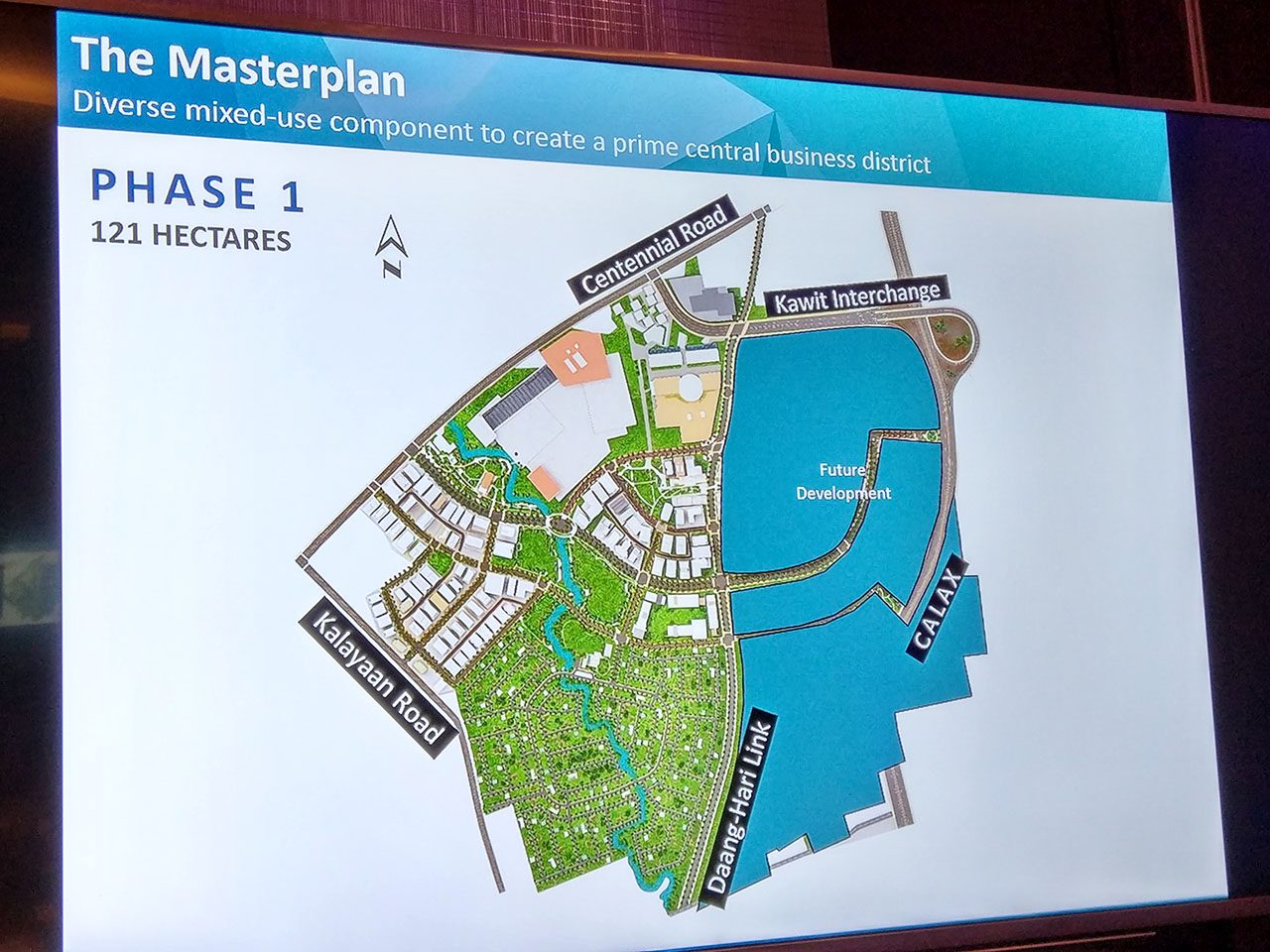 MASTERPLAN. An overview of how the project is laid out. The green area represents the residences at Evo City while a mall, school, hospital, and commercial buildings will be built. 