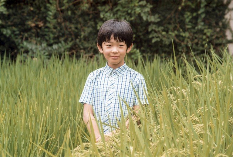This August 10, 2016 hand-out picture shows Prince Hisahito of Akishino posing at a rice field of the Akishino-no-miya residence in Tokyo. File photo by Imperial Household Agency/AFP 