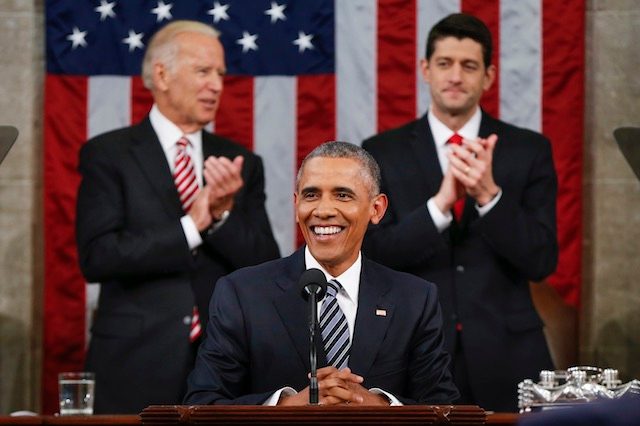 STATE OF THE UNION. US Vice President Joe Biden (L, back) and Speaker Paul Ryan of Wisconsin (R, back) applaud President Barack Obama (C, front) during the State of the Union address before a joint session of Congress on Capitol Hill in Washington, DC, USA, January 12, 2016. Evan Vucci/Pool/EPA 