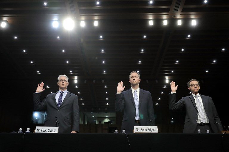 REPRESENTATIVES. Facebook General Counsel Colin Stretch, Twitter Acting General Counsel Sean Edgett, and Google Law Enforcement and Information Security Director Richard Salgado are sworn in before the Senate Judiciary Committee's Crime and Terrorism Subcommittee in the Hart Senate Office Building on Capitol Hill October 31, 2017 in Washington, DC. Photo by Chip Somodevilla/AFP 