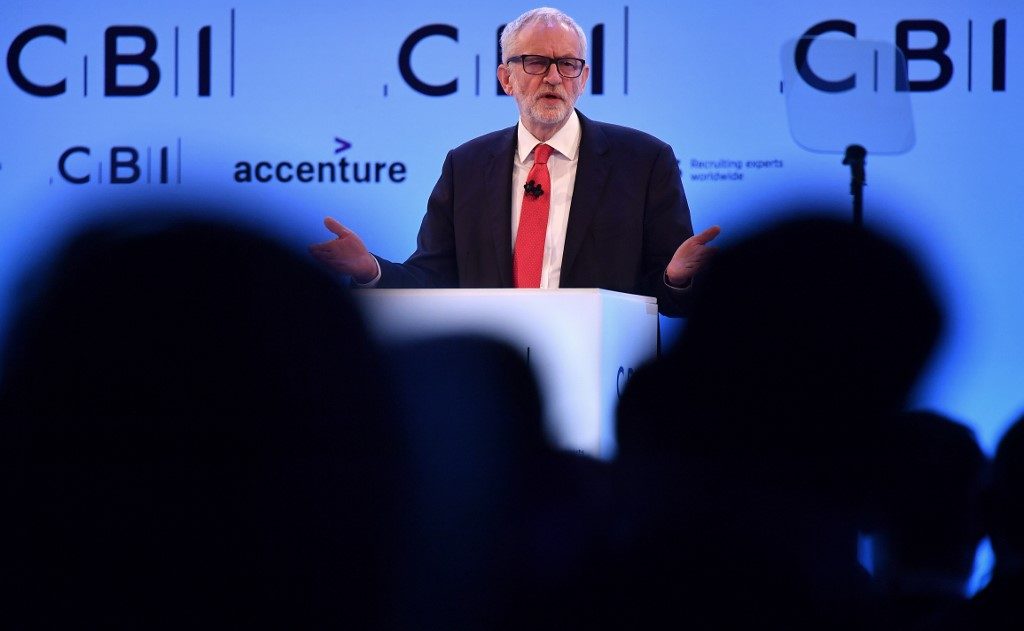 WOOING BUSINESS. Britain's Labour Party leader Jeremy Corbyn speaks at the annual Confederation of British Industry (CBI) conference in central London, on November 18, 2019. Photo by Ben Stansall/AFP 