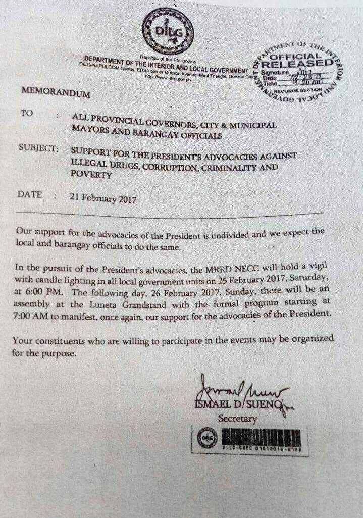 DILG memo: LGUs ‘expected’ to help mobilize for pro-Duterte rally
