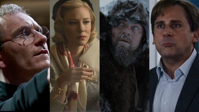 2016 GOLDEN GLOBE NOMINEES. 'Carol,' Steve Jobs,' 'The Big Short,' and 'The Revenant' top the list of nominations in the categories for movies. Screengrabs from Facebook/carolmoviefans, Facebook/RevenantMovie, YouTube/Movieclips Trailers  