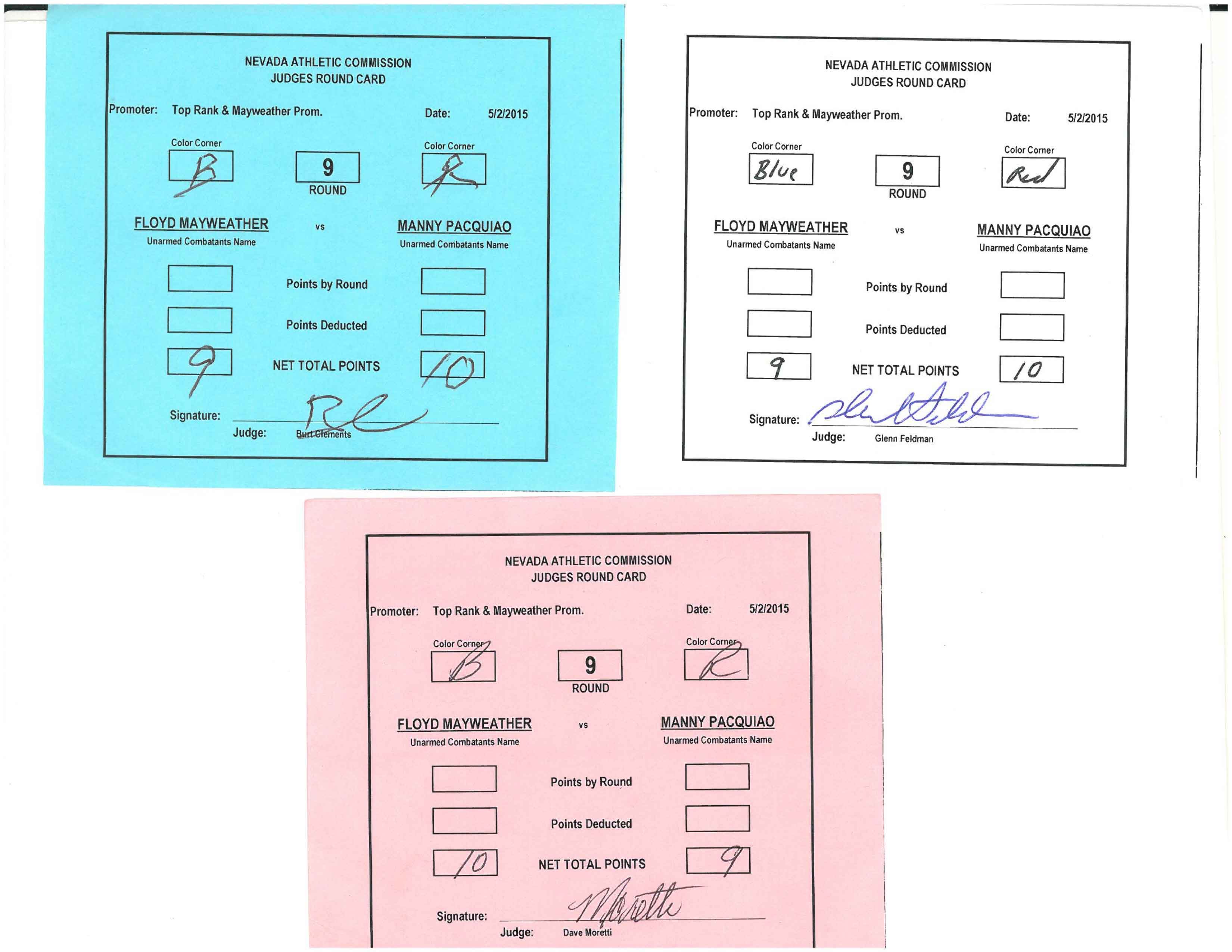 The cards of the three judges for round 9, showing two scoring it for Pacquiao and one for Mayweather  