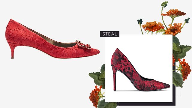Carolina Herrera red pumps (P21,500) and Zalora fabric high heels (P1,299) 