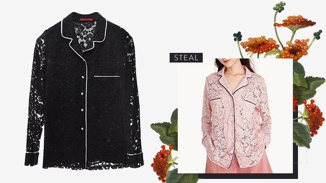 Carolina Herrera pyjama black top (P28,800) and Pomelo Fashion lace shirt ($39.00) 